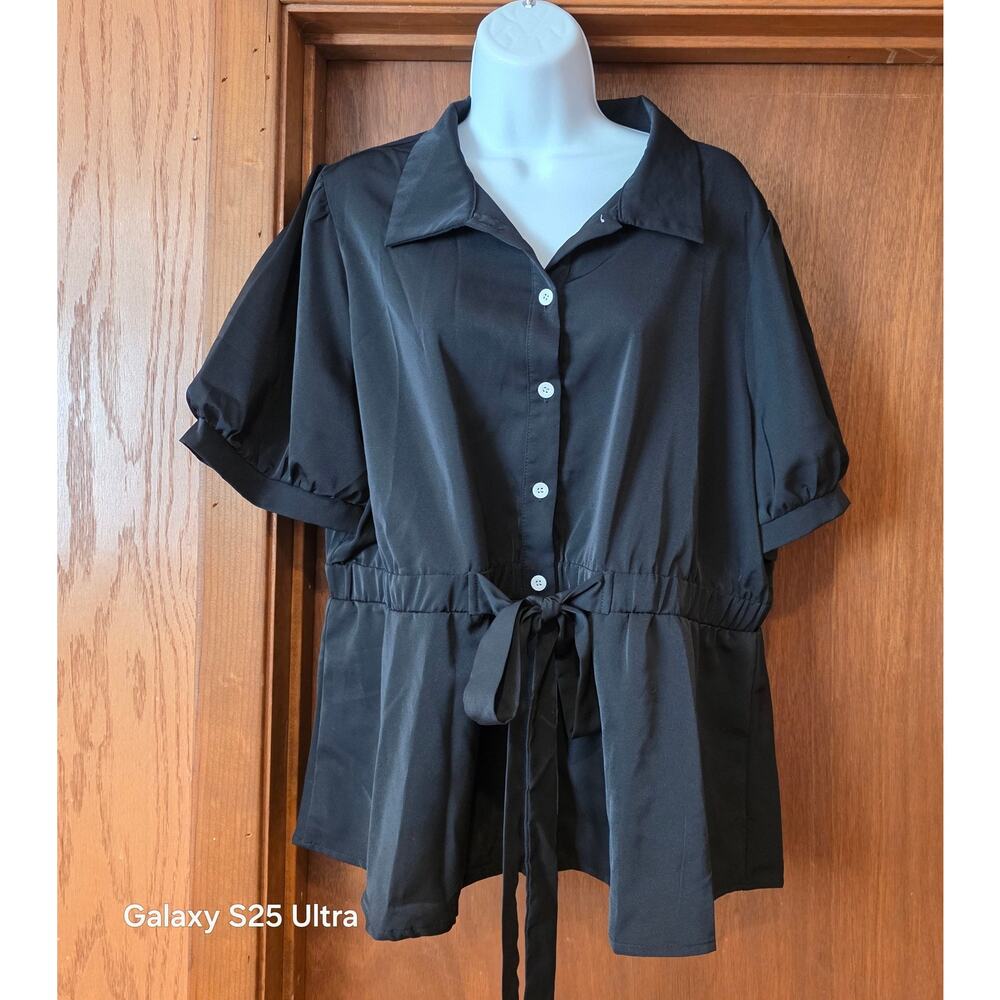 NWT‎ Colonste black button up, puff sleeve blouse, cinched waist flared out 2XL